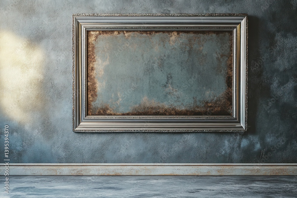A rectangular metal frame in antique silver, low on a gray wall, its patina adding a hint of vintage charm to the space.