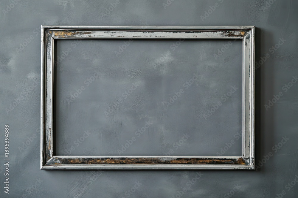 A rectangular metal frame in antique silver, low on a gray wall, its patina adding a hint of vintage charm to the space.