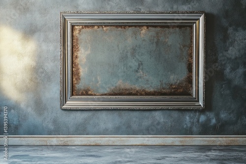 A rectangular metal frame in antique silver, low on a gray wall, its patina adding a hint of vintage charm to the space.