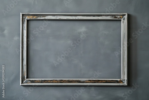 Obraz na płótnie A rectangular metal frame in antique silver, low on a gray wall, its patina adding a hint of vintage charm to the space. w salonie