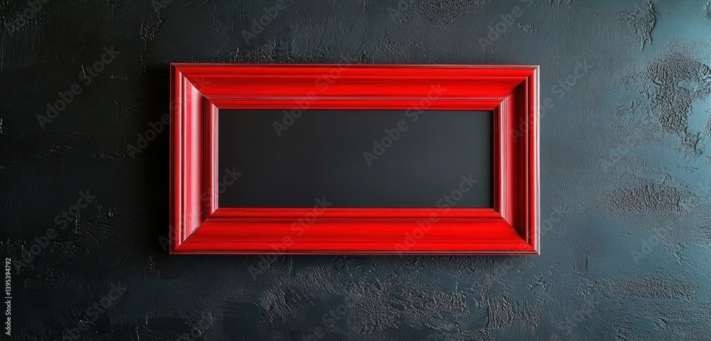 A retro-style frame in a vivid red finish, boldly placed on a charcoal black wall, creating a striking visual contrast.