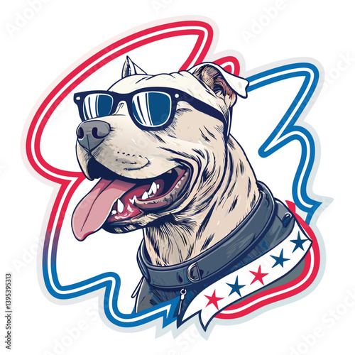 Hand-drawn vector illustration of a Pit Bull terrier, tongue out, happy expression.  Detailed line art, playful style.