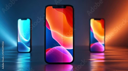 Three iPhones with Vibrant Abstract Wallpapers in Neon Studio Lighting