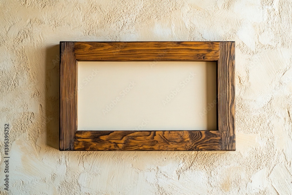 A rectangular wooden frame with visible grain, placed off-center on a textured cream wall, bringing warmth and natural beauty to the setting.