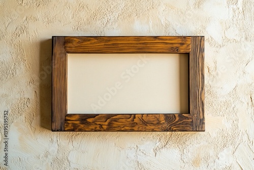 Obraz na płótnie A rectangular wooden frame with visible grain, placed off-center on a textured cream wall, bringing warmth and natural beauty to the setting. w salonie
