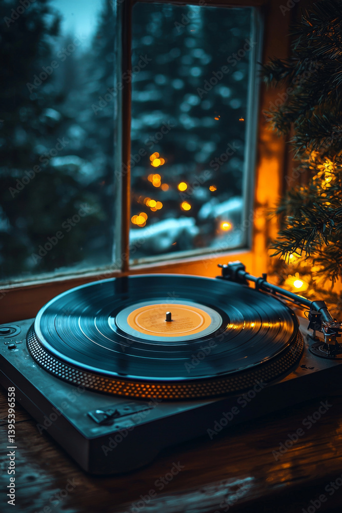 Close-up of vintage turntable playing black vinyl record by the window. Concept of retro music and nostalgia