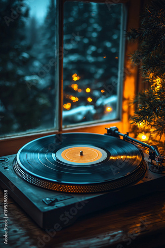 Obraz na płótnie Close-up of vintage turntable playing black vinyl record by the window. Concept of retro music and nostalgia w salonie