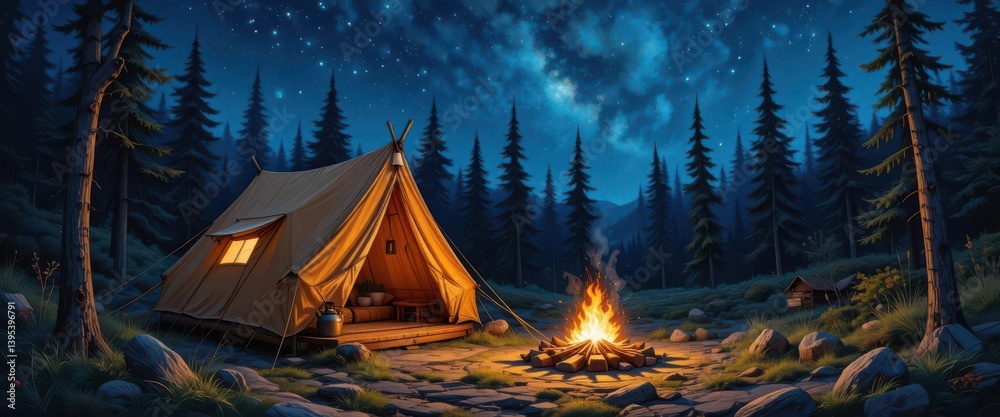 A serene escape into nature s embrace A vibrant oil painting capturing the tranquility of a wilderness campsite at night. A serene escape into nature s embrace A vibrant oil painting capturing the tranquility of a wilderness campsite at night.