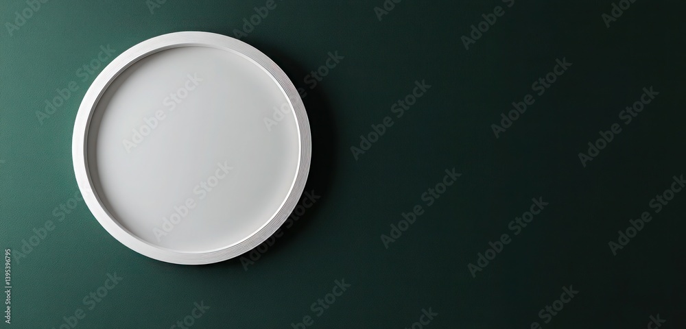 A simple white wooden circular frame, offset to the left on a deep forest green wall, radiating a sense of calm and simplicity.