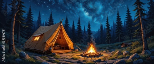 Wallpaper Mural  A serene escape into nature s embrace A vibrant oil painting capturing the tranquility of a wilderness campsite at night. Torontodigital.ca