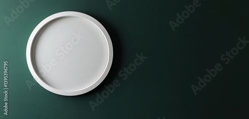 Obraz na płótnie A simple white wooden circular frame, offset to the left on a deep forest green wall, radiating a sense of calm and simplicity. w salonie
