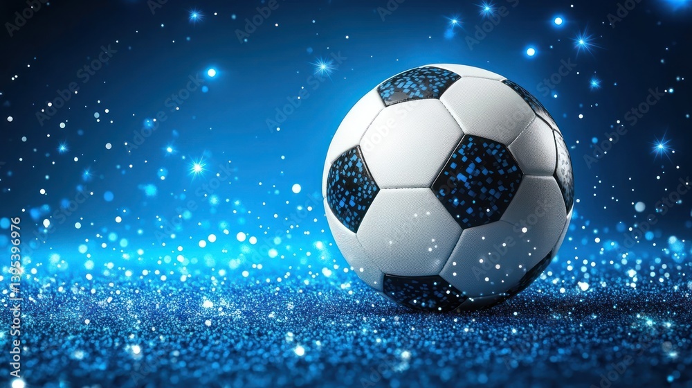 Fototapeta premium Soccer ball on blue glitter background.