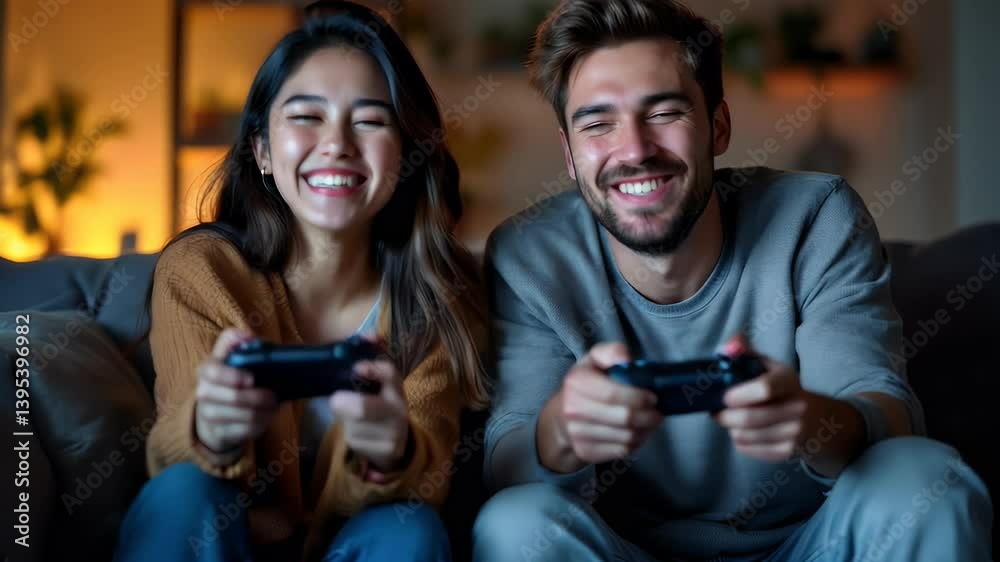 Young asian woman and caucasian man using controllers, laughing and enjoying each other's company, playing video games together on the sofa at home during cozy evening, multiethnic couple or friends Young asian woman and caucasian man using controllers, laughing and enjoying each other's company, playing video games together on the sofa at home during cozy evening, multiethnic couple or friends