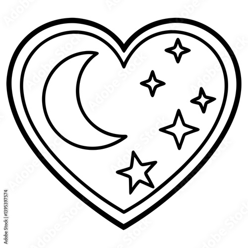 Whimsical Heart Line Art with Moon and Stars
