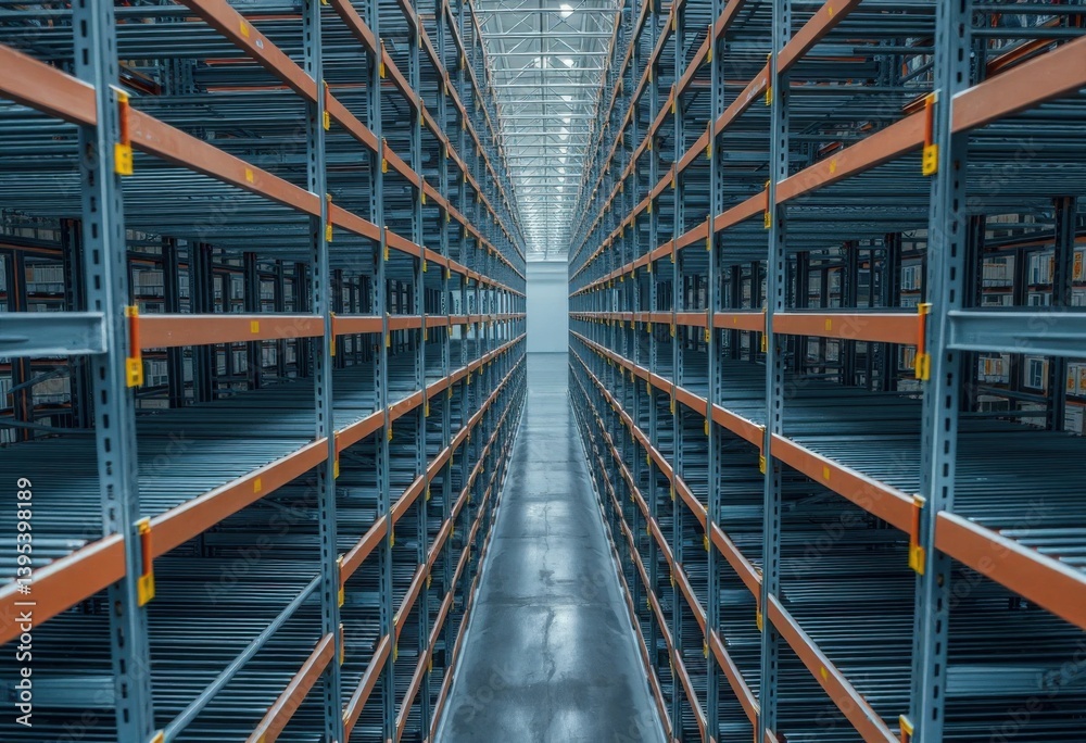 Fototapeta premium Extensive Warehouse Storage Rows Industrial Metal Shelving Units Filled with Goods