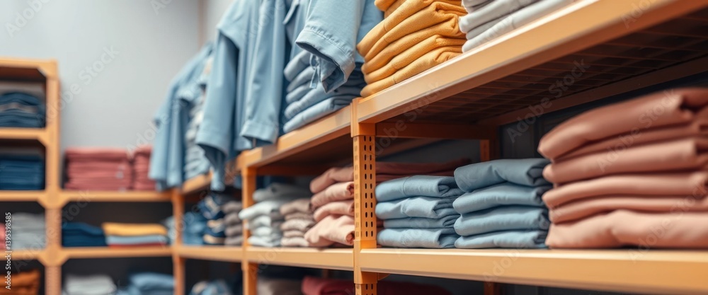 Neatly Folded Clothes on Wooden Shelves in a Retail Store Fashion Apparel Organized for Display Neatly Folded Clothes on Wooden Shelves in a Retail Store Fashion Apparel Organized for Display