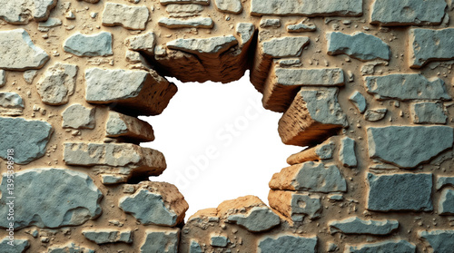 Damaged stone wall with transparent central hole opening