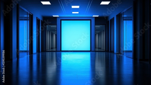 Empty, modern office hallway with blue light