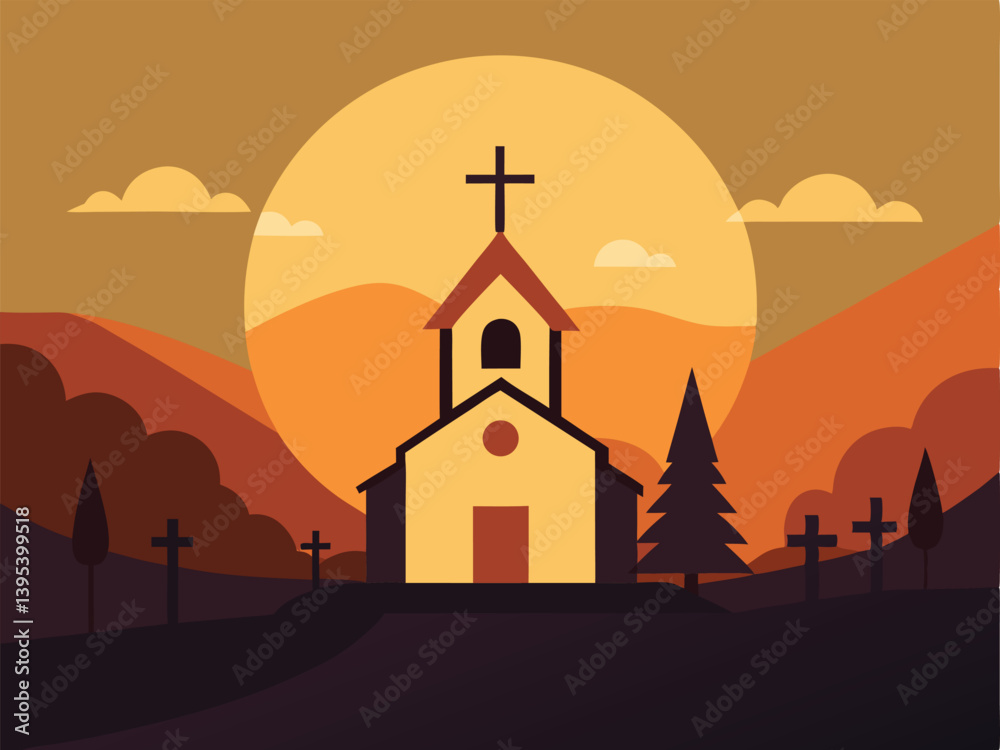Fototapeta premium Church with sunrise and cross, Easter morning silhouette, spiritual vector art