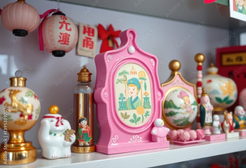 Naklejka premium Asian inspired Decorative Collectibles Displayed on a Shelf Pink Ornaments and Figurines