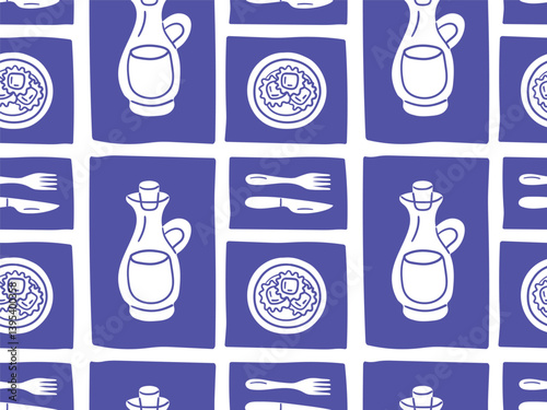 Seamless Italian kitchen pattern with olive oil bottles, ravioli plates, and cutlery. Hand-drawn in an ink-inspired look. Great for wrapping, fabric, menu design, and culinary branding.
