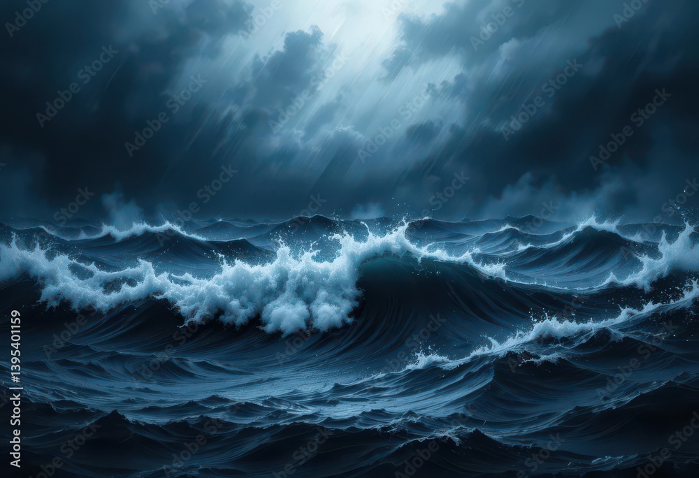 Fototapeta premium Turbulent Tide Dark Blue Gray White Black Light Waves on Grainy Noisy Background