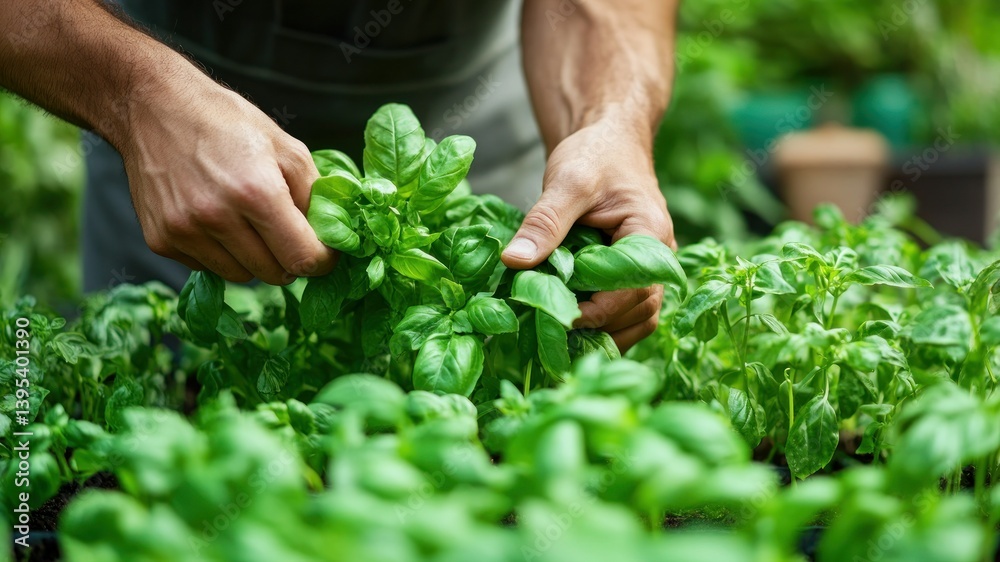 Close-up of hands harvesting fresh, green basil in a garden. Close-up of hands harvesting fresh, green basil in a garden.