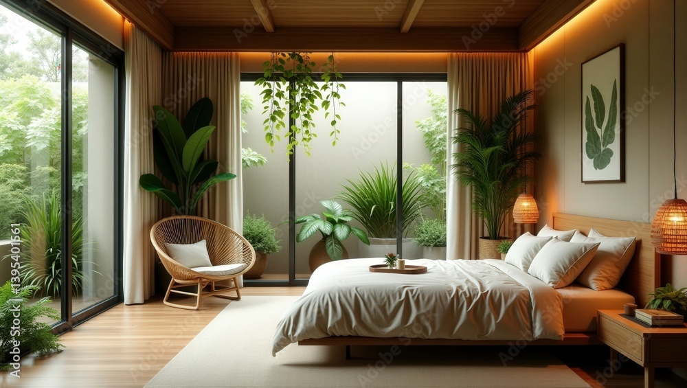 Fototapeta premium bedroom with warm wooden walls and floors, a cozy white-linen bed, a side table, and a chair. Glass doors lead to a lush patio adorned with potted plants, blending indoor comfort with outdoor serenity