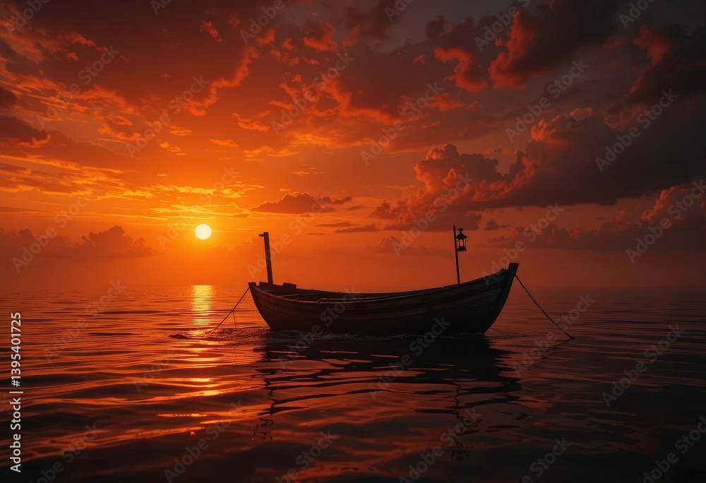  Sunset Spectre Lonely Boat Adrift in a Sea of Orange, A Faint Lantern Offering a Glimmer of Hope Amidst the Chaos