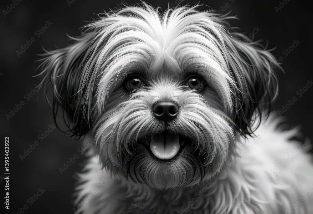 A Classic Black and White Portrait of a Havanese Dog, Revealing Every Detail of its Fur and Facial Expression. A Classic Black and White Portrait of a Havanese Dog, Revealing Every Detail of its Fur and Facial Expression.