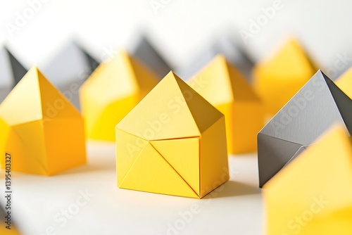 Bright yellow and gray paper houses on a light background, representing creativity and home in a minimalist geometric design