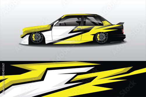 A sleek, modified car with a striking yellow and black design, showcased against a minimalist background