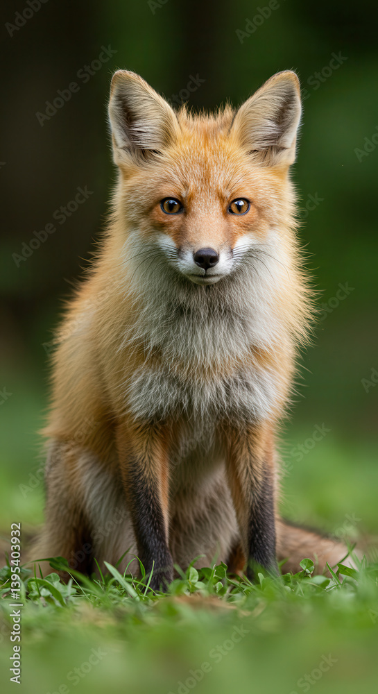 Fototapeta premium Red Fox Wildlife Portrait with Green Forest Background and Natural Light Focus Highlighting Fur Texture and Earth Day Nature Conservation in Vertical Animal Photography