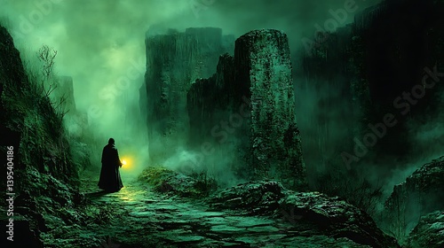 A lone figure with a lantern navigates a misty, ancient pathway. photo