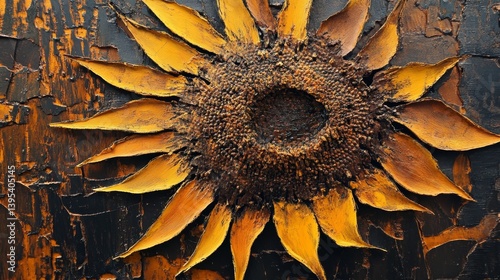 Sunflower close-up on dark textured background with yellow petals and brown center.