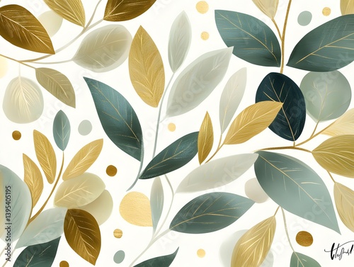 Wallpaper Mural Elegant Gold And Teal Watercolor Leaves Pattern On White Background Torontodigital.ca