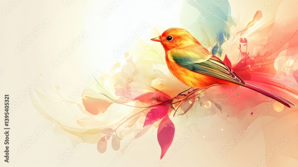 Fototapeta premium A vibrant orange and multicolored bird perched amongst abstract floral elements.