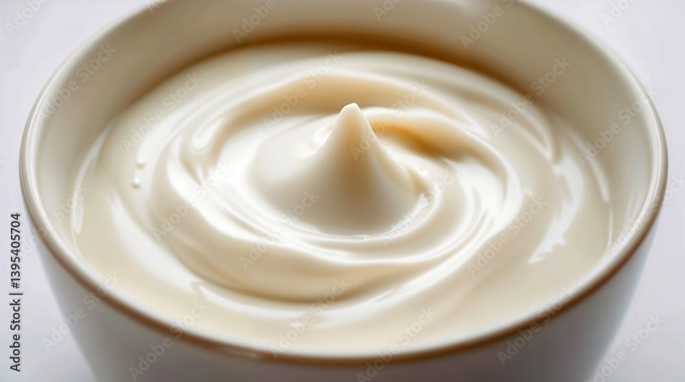 Creamy swirls of mayonnaise in a pristine white bowl, a smooth and decadent texture promising delicious culinary adventures Creamy swirls of mayonnaise in a pristine white bowl, a smooth and decadent texture promising delicious culinary adventures