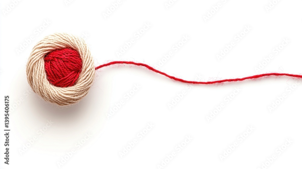 A ball of yarn with trailing red yarn on white background A ball of yarn with trailing red yarn on white background