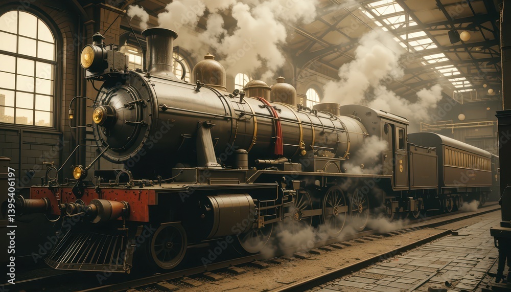 Naklejka premium Vintage Steam Train in Train Station Surrounded by Billowing Smoke