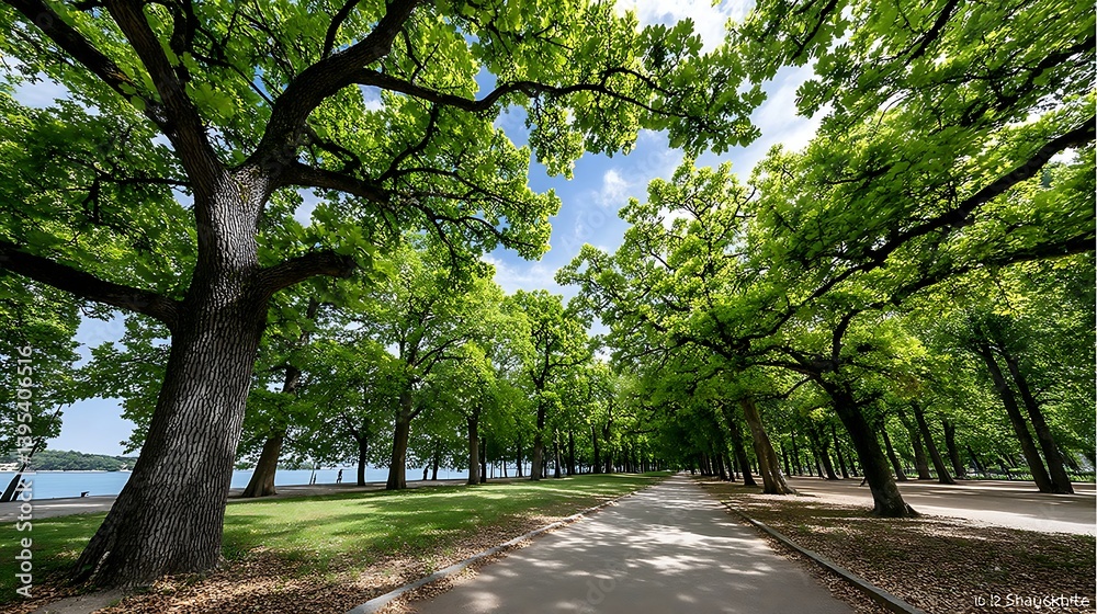 Serene Park Pathway Lush Green Trees Sunny Sky Tranquil Nature Scene Serene Park Pathway Lush Green Trees Sunny Sky Tranquil Nature Scene