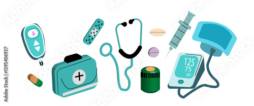 First aid kit, blood pressure monitor, glucometer and other medical equipment to use at home. Healthcare and medicine set. 