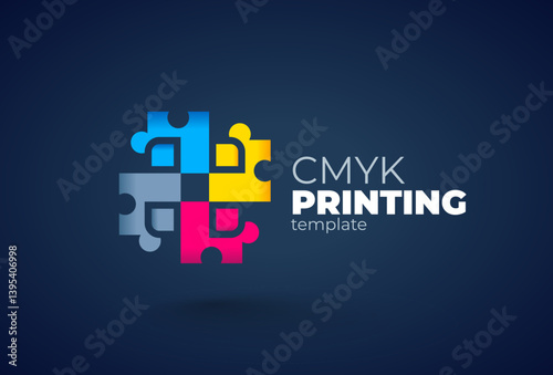 Logo Printing theme CMYK color puzzles. Template design vector. Black background.