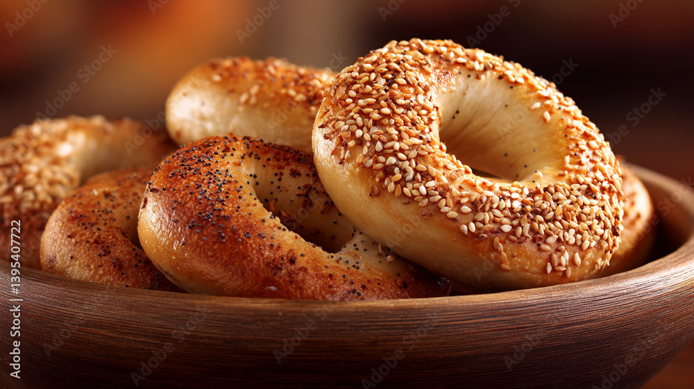 Close-up of sesame and poppy seed bagels in a wooden bowl, showcasing texture and golden-brown hue, representing freshness and bakery goodness Close-up of sesame and poppy seed bagels in a wooden bowl, showcasing texture and golden-brown hue, representing freshness and bakery goodness