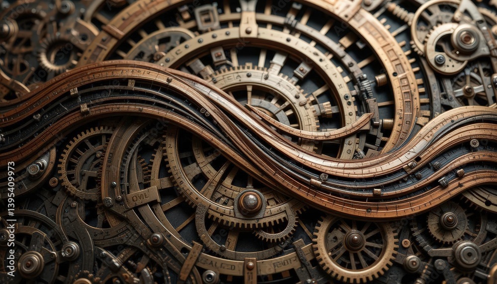 Mechanical Vortex Intricate Circular Waves of Copper and Bronze Overlapping a Detailed Clockwork Machine Mechanical Vortex Intricate Circular Waves of Copper and Bronze Overlapping a Detailed Clockwork Machine