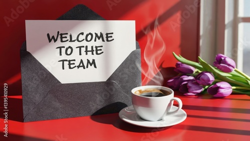 Welcome to the team message with coffee and tulips