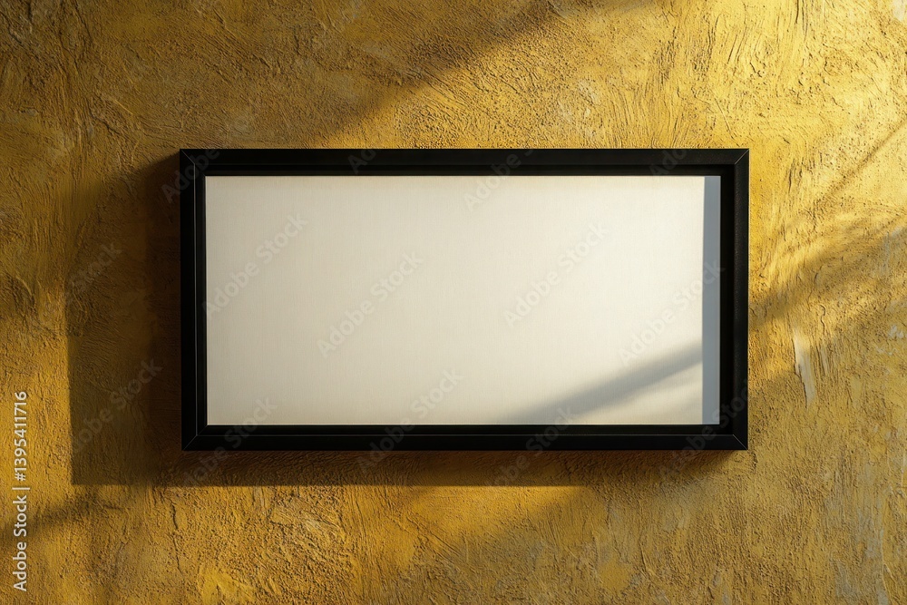 A slim rectangular black frame, resting on a textured mustard wall, bringing a chic, minimalist touch.