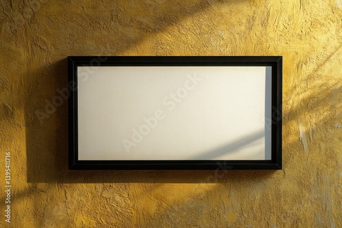 Obraz na płótnie A slim rectangular black frame, resting on a textured mustard wall, bringing a chic, minimalist touch. w salonie