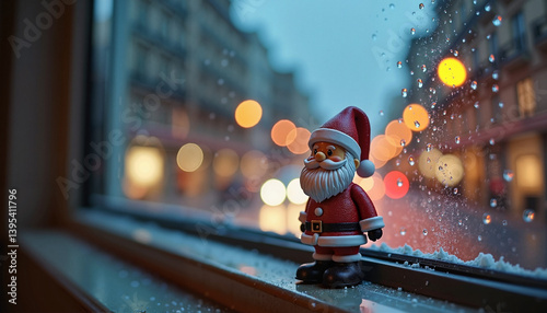  Plastic Santa Claus figure on windowsill with city lights at night

