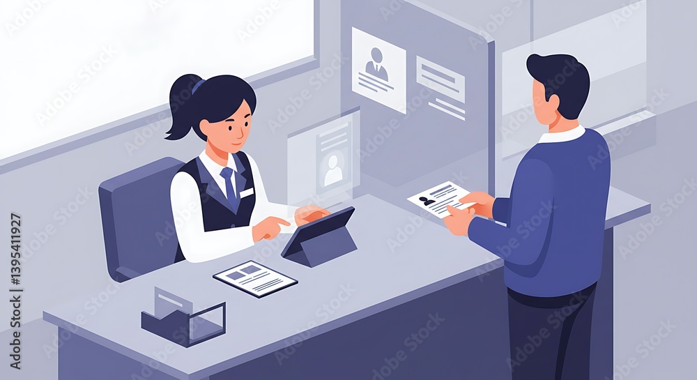 Person Submitting Application to Receptionist Using Tablet at Desk Person Submitting Application to Receptionist Using Tablet at Desk